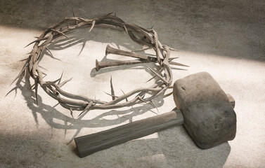 Wall Mural - Jesus Christ Crown of Thorns Nails and Hammer 3D Rendering