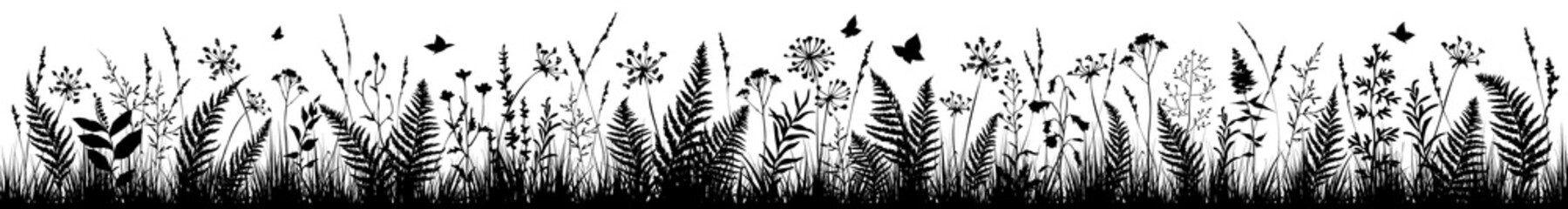 Wall Mural - Background with black silhouettes of meadow wild herbs. Wildflowers. Floral background.