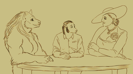 Digital illustration of two werewolves and a vampire lady sitting together at a table