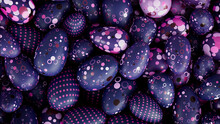 Multicolored, Easter Egg Background. Beautiful Violet, Purple And Pink Eggs With Spotted And Polka Dot Patterns. 3D Render