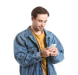 Poster - Handsome young man with mobile phone on white background