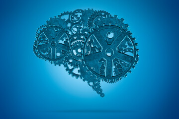 Human brain with metallic gears on blue background