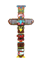 A Brightly Painted And Decorated Wooden Totem Pole.