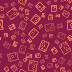 Brown line Software, web development, programming concept icon isolated seamless pattern on red background. Programming language and program code on screen tablet. Vector.