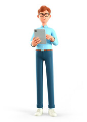 3D illustration of standing happy man holding tablet. Cute cartoon smiling businessman or freelancer using gadget, isolated on white background.