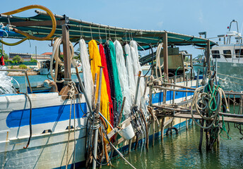 fishing floats and nets colored yellow and red called pots ideal for lake fishing