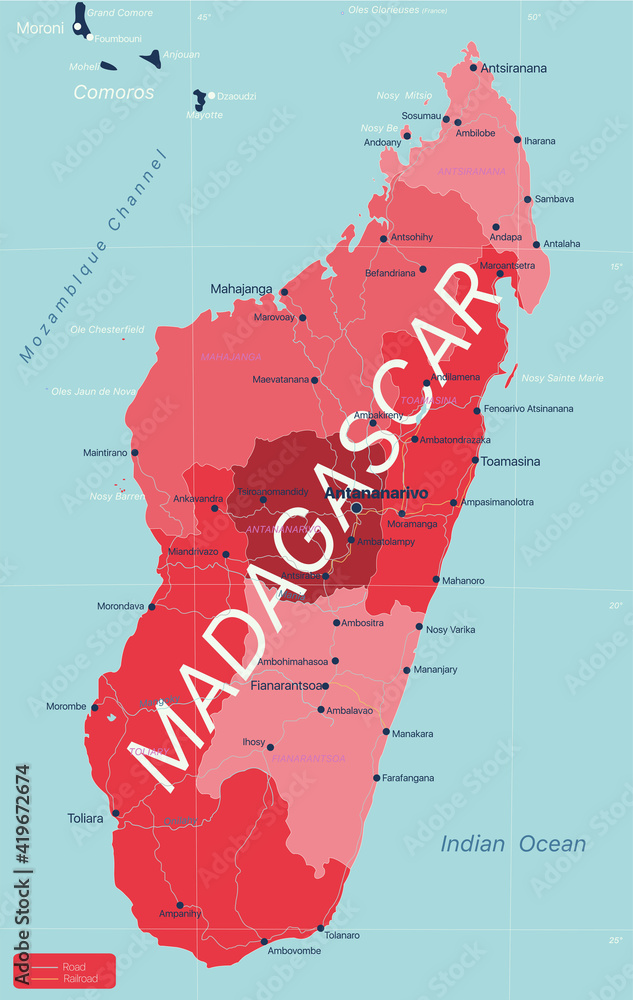 Madagascar country detailed editable map with regions cities and towns, roads and railways, geographic sites. Vector EPS-10 file - obrazy, fototapety, plakaty 