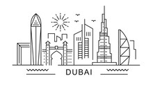 Dubai Minimal Style City Outline Skyline With Typographic. Vector Cityscape With Famous Landmarks. Illustration For Prints On Bags, Posters, Cards. 