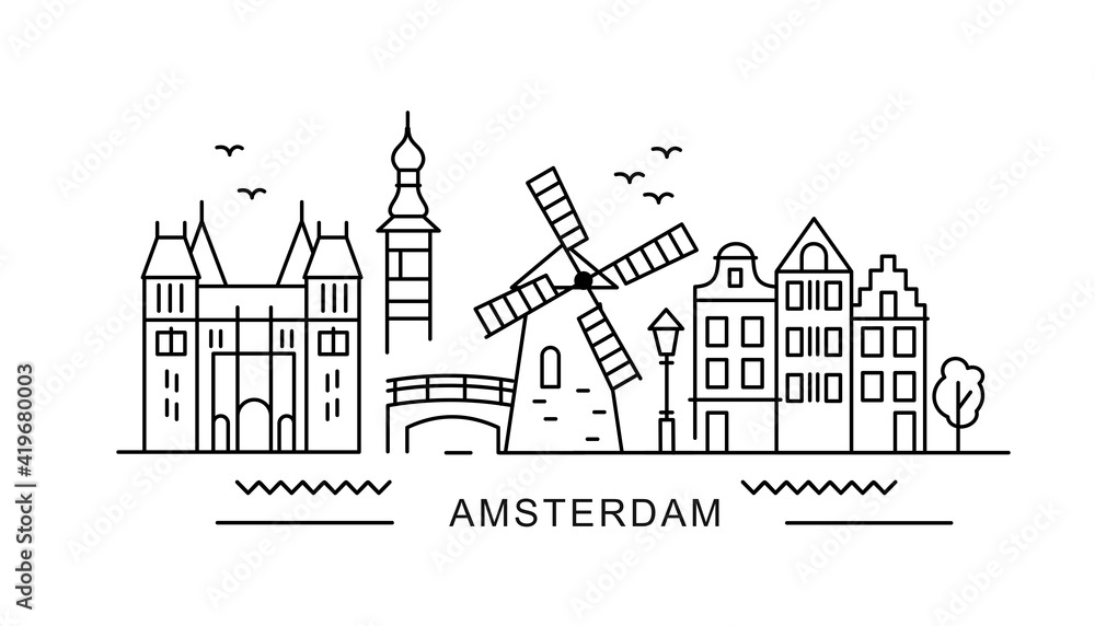 Amsterdam minimal style City Outline Skyline with Typographic. Vector cityscape with famous landmarks. Illustration for prints on bags, posters, cards.  - obrazy, fototapety, plakaty 