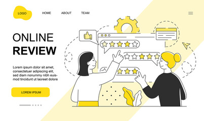 Two female characters are setting online review together. Concept of online feedback and rating by giving stars. Website, web page, landing page template. Flat cartoon vector illustration
