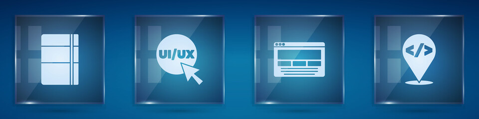 Set Sketchbook or album, UI UX design, and Front end development. Square glass panels. Vector.
