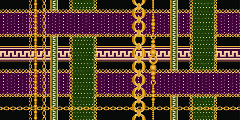 Seamless pattern decorated with precious stones, gold chains and pearls.	