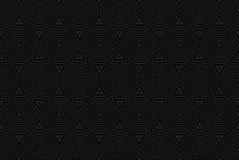 Geometric Abstract Black Wallpaper. Ethnic Background With Volumetric Composition With 3D Effect Of Convex Shape. Design For Presentations, Websites.