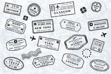 World Travel Passport Stamps. Vector Background With Passport Stamps.
