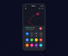 Mobile map GPS navigation app dark mode ux ui concept, Smartphone map application, App search map navigation, Technology map, City street navigation maps, gps tracking, App dark mode, Vector