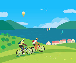 Couple Travelling by Bycicles on Seaside vector