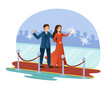Beautiful male and female character are walking through red carpet. Rich and famous couple are photographed by many photographers. Celebrities in the flashlight. Flat cartoon vector illustration