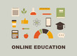 © everything bagel - Online education, e-learning concept. Set of various objects: smartphone, book, notes, pencil, graduation cap. Studying via the internet, distance learning, online university. Isolated flat vector