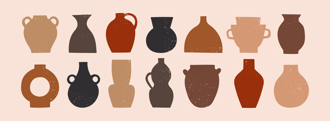 Wall Mural - Various ceramic Vases. Different shapes. Colored silhouettes. Antique, ancient ceramics. Pottery concept. Stamp texture. Hand drawn Vector set. Trendy illustration. All elements are isolated