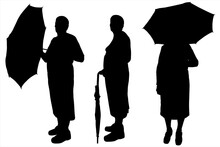 Woman Raised An Umbrella Above Oneself And Holds Beside Herself. Umbrella Silhouette In Blue. Illustration Silhouette Of A Senior Woman And Umbrella In Her Hands. Umbrella Is Open And Closed.	