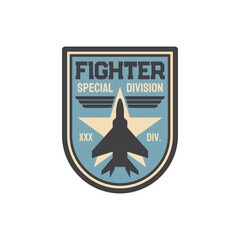 Aviation squad army chevron insignia of airplane jet fighter isolated patch on military uniform. Vector propelled jet emblem, military aircraftand retro wwii plane on star. Attack defend interceptor