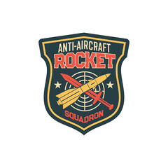 anti aircraft rocket squadron squad military label with target, crossed rocket and sword isolated. v