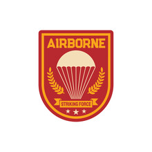Striking Forces Airborne Special Division Patch On Uniform Isolated Military Chevron Label. Vector Air Army Squad, Emblem Of Parachuting Skydiving Aviation, Shield With Parachute, Olive Oil Branches