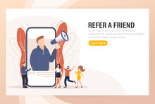 Flat Icon With Megaphone People Refer Friend. Poster, Banner. Flat Isometric Vector Illustration. 3d Vector Illustration.