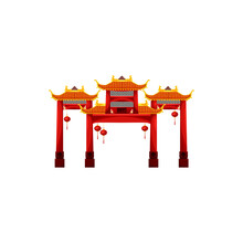 Entrance With Roof Isolated Chinese, Korean Or Japanese Gate Building Decorated By Hanging Lanterns. Vector Ancient Asian Temple Entrance Design. Chinatown Door, Ornaments With Dragon, Oriental Style