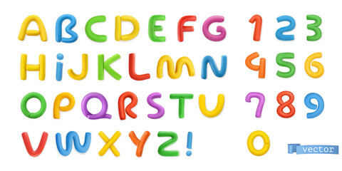 Funny plasticine, alphabet letters and numbers 3d vector realistic set