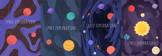 Wall Mural - vector illustration in abstract flat style. minimalistic color space. space exploration concept. a4 