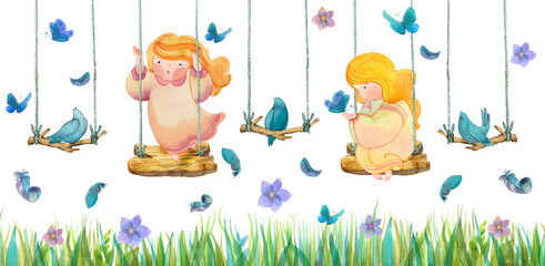 Watercolor hand drawn banner, cute girls on a swing, birds, butterflies and flowers, grass isolated on white background. Children's packaging design, stationery, prints, fabrics and publications.