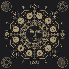 Wall Mural - Vector circle of Zodiac signs with icons, esoteric symbols and a hand-drawn Sun on a black background. Mystical banner in retro style with horoscope symbols for astrological predictions