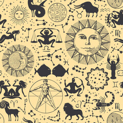 Wall Mural - Abstract seamless pattern with zodiac signs, horoscope symbols, sun, moon, stars, constellations and human figure like Vitruvian man on a beige backdrop. Hand-drawn vector background in retro style