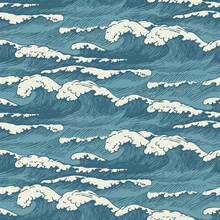 Vector Seamless Pattern With Hand-drawn Waves In Retro Style. Decorative Repeating Illustration Of The Sea Or Ocean, Blue Storm Waves With Breakers Of Seafoam