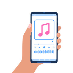 Wall Mural - Hand holding smartphone with audio player interface on screen. Playlist mobile app. Listening podcast, music or online radio concept. Vector flat illustration.