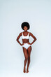 © OneInchPunch/Westend61 - Skinny female model wearing bikini standing against white background