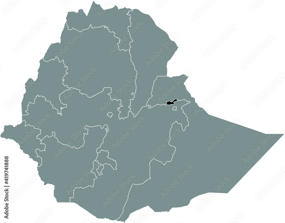 Black highlighted location map of the Ethiopian Dire Dawa City region inside gray map of the Federal Democratic Republic of Ethiopia - obrazy, fototapety, plakaty 