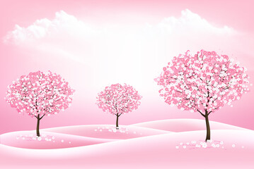 Poster - Spring nature background with a pink blooming sakura trees and landscape. Vector.