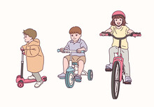 Cute Children Riding Bicycles.