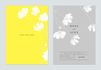 floral wedding invitation card template design, monochrome cosmos flowers with leaves on yellow and 