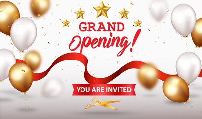 Wall Mural - Grand opening card design with gold ribbon and confetti