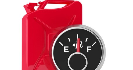 Aufkleber - 4k Resolution Video: Fuel Dashboard Gauge Arrow Showing from Empty to Full Tank in front of Red Metal Jerrycan on a white background with alpha matte