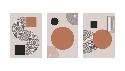 Wall Mural - Set of abstract contemporary with geometric shapes. Design for wallpaper, background, wall decor, cover, print, card, branding. Modern boho minimalist art. Vector 