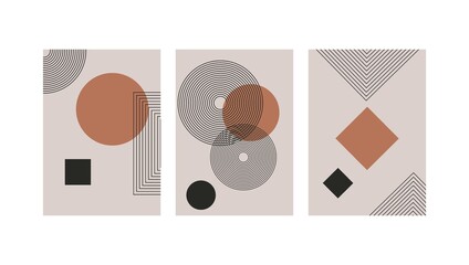 Wall Mural - Set of abstract contemporary with geometric shapes. Design for wallpaper, background, wall decor, cover, print, card, branding. Modern boho minimalist art. Vector 
