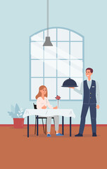 Wall Mural - Restaurant staff waiter serving female client a vector flat illustration