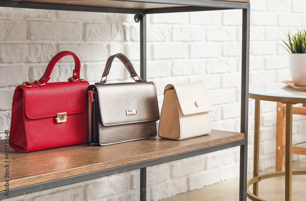 Stylish female bags on shelf in modern hall