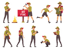People Characters As Park Ranger Or Forest Rangers Protecting And Preserving National Parklands Vector Set