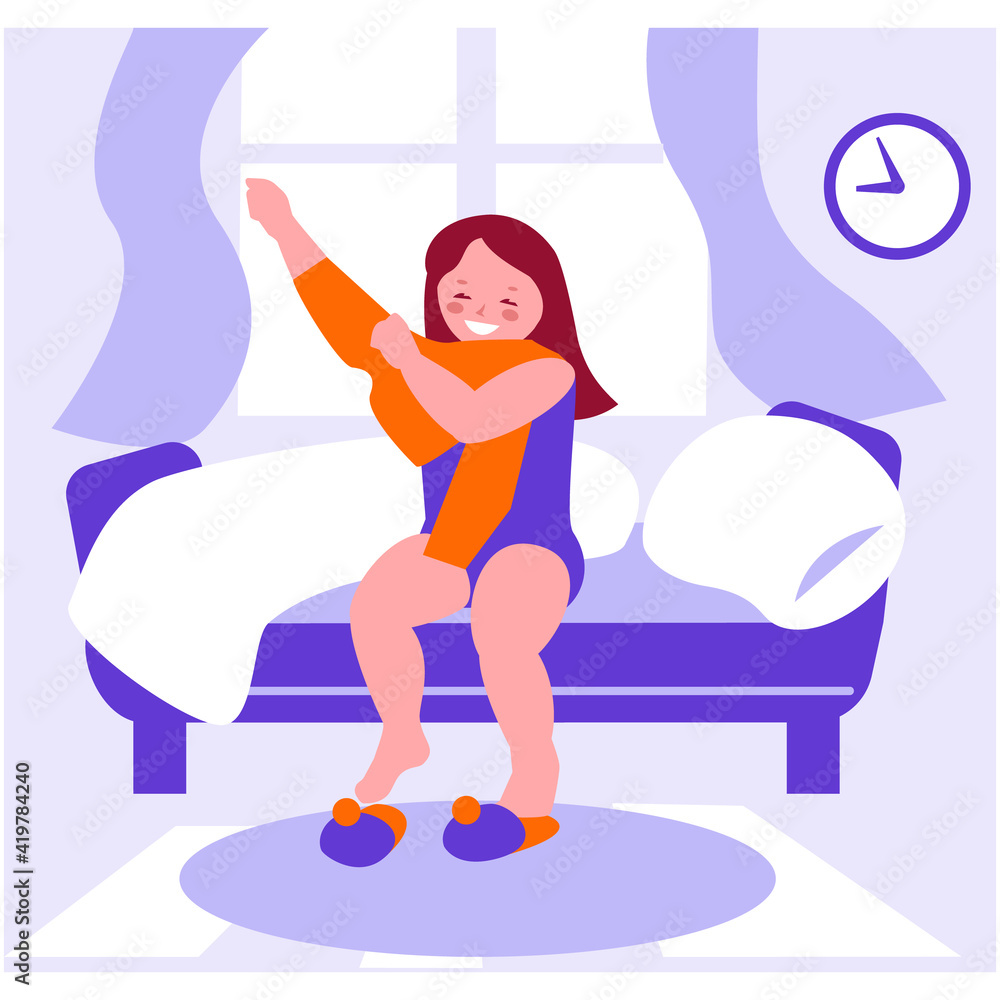 The little girl woke up and gets dressed while sitting on the bed. Morning  routines. Vector illustration in flat cartoon style. Isolated on a white  background. Stock Vector | Adobe Stock, image size:1000x1000