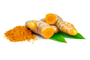 Wall Mural - Tumeric rhizome with green leaf and pile of turmeric powder isolated on white background.